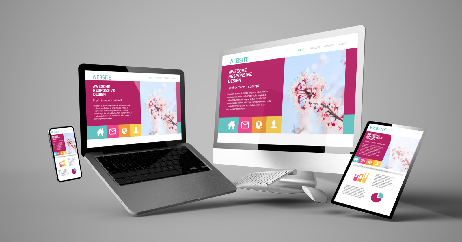 A responsive design web layout displayed on multiple devices, including a smartphone, laptop, desktop, and tablet, showcasing a modern user interface and mobile-friendly structure.